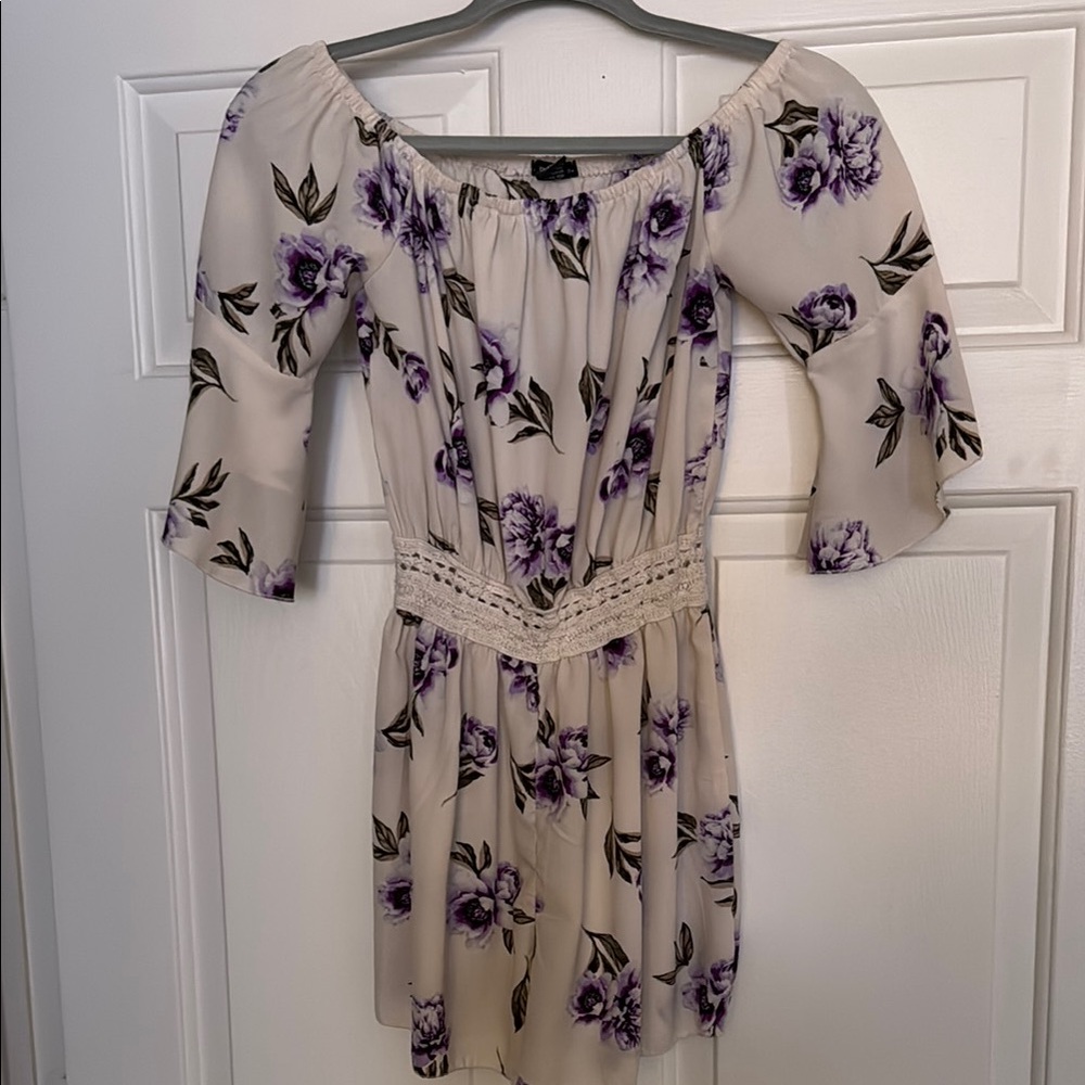 Floral Off-Shoulder Dress in Cream and Purple